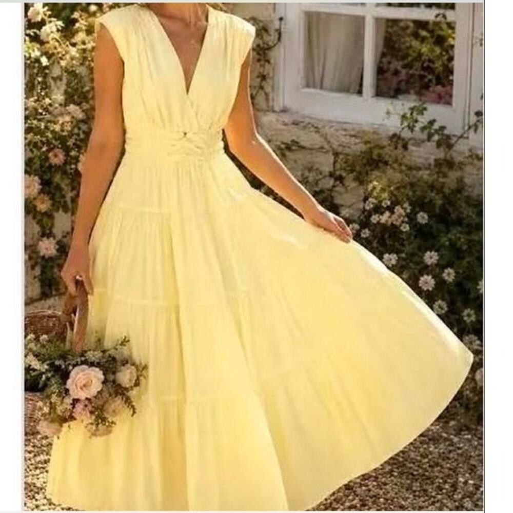Anthropologie Meadow Rhodes Yellow Cotton Tiered Maxi Dress Romantic Cottagecore